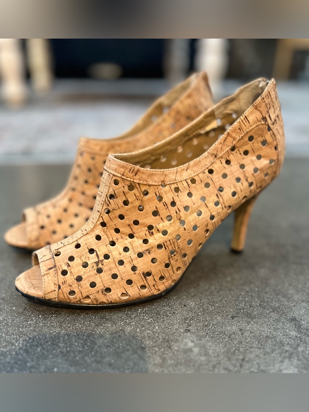 Vaneli Perforated Cork-Look Peep Toe Heels - Tan